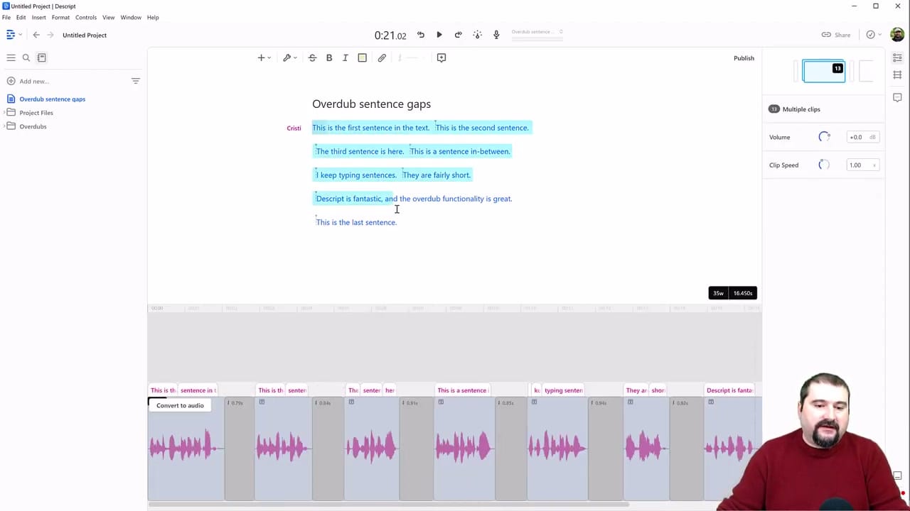 Descript timeline showing the Convert to audio option for Overdub clips, with sentences now displayed as waveform audio
