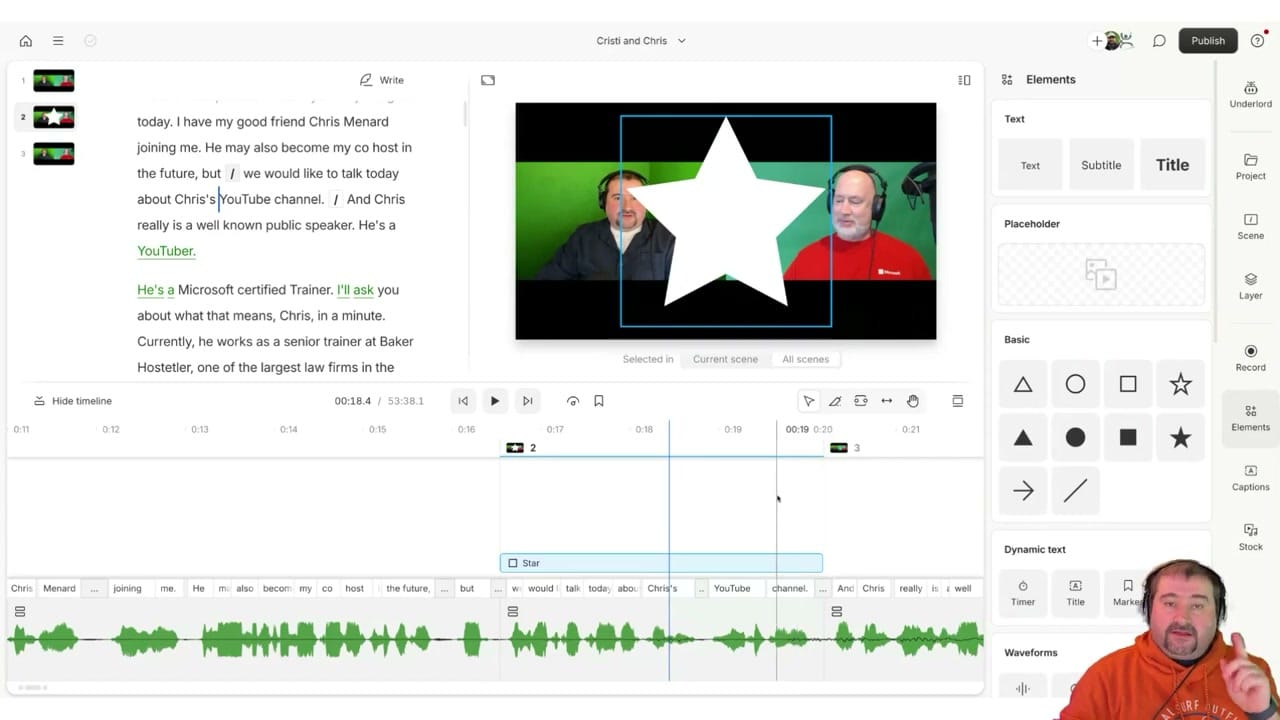Descript Elements panel showing shapes, dynamic text, and waveform options