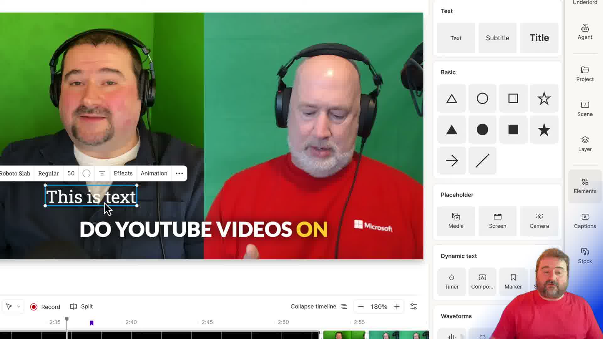 Descript showing the Elements panel with Text, Subtitle, and Title options, Basic shapes, Placeholder options for Media, Screen, and Camera, and Dynamic text elements including Timer, Composition, and Marker