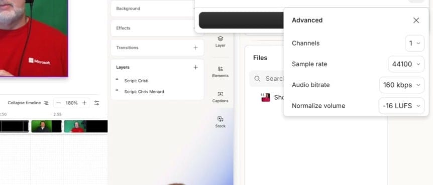 Descript Export Advanced panel showing Normalize volume set to -16 LUFS with audio settings