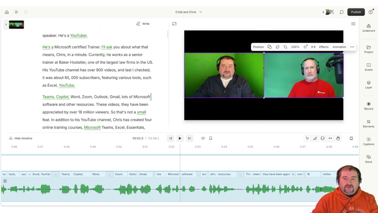 Descript multicam view with Position, Effects, and Animation toolbar
