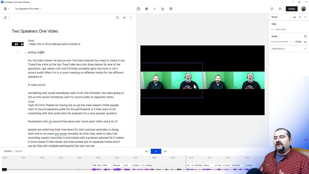 Descript editor showing the transcript with speaker labels Chris and Cristi, with multi-cam video preview on the right
