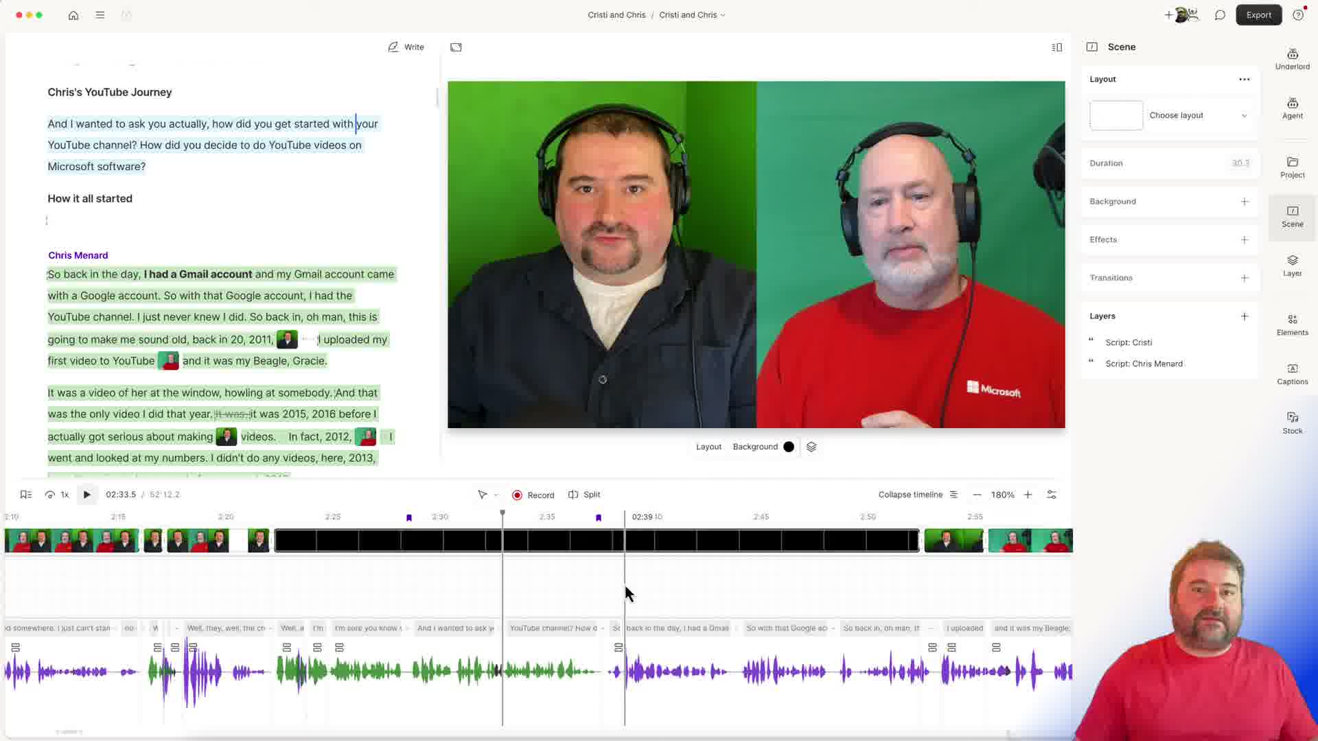 Descript workspace showing a multicam video with two speakers Cristi and Chris Menard, transcript with speaker labels, Scene panel with Layout and Layers showing Script: Cristi and Script: Chris Menard