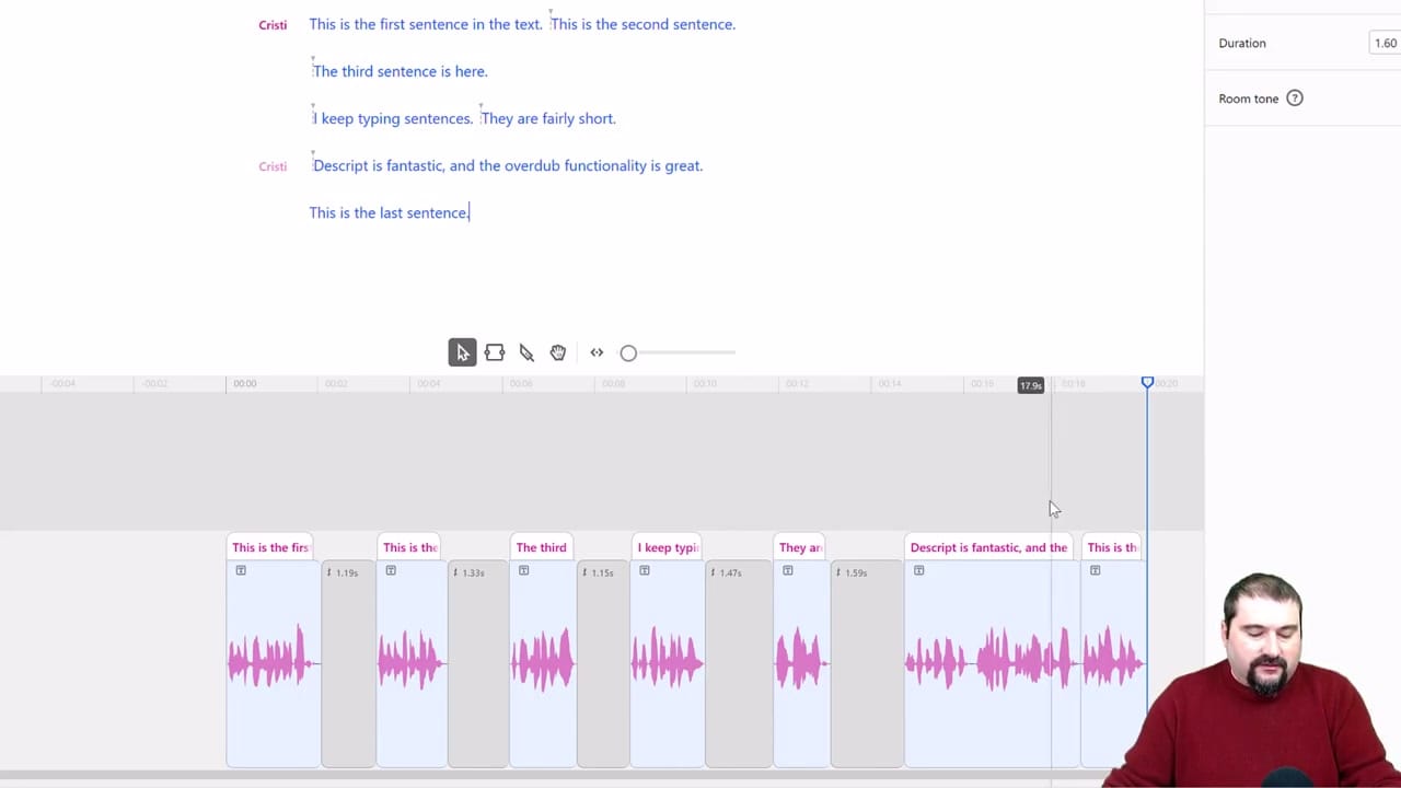 Descript timeline showing Overdub sentence clips dragged apart with gap durations of 1.19s, 1.33s, and similar irregular spacing
