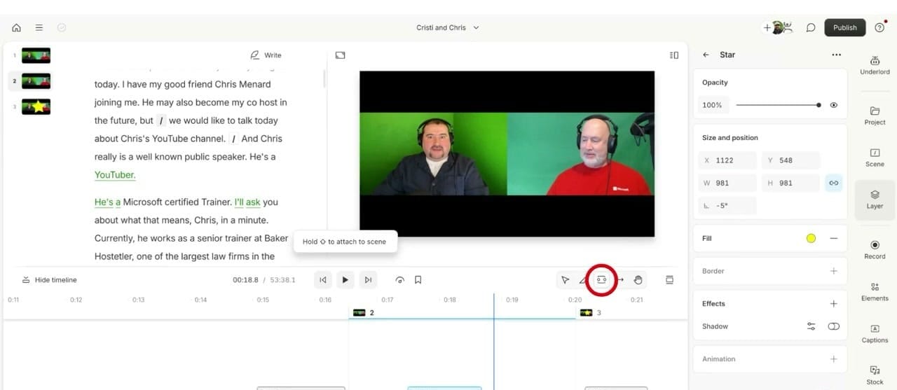 Descript Script panel showing audio properties, Studio Sound, and Ducking controls