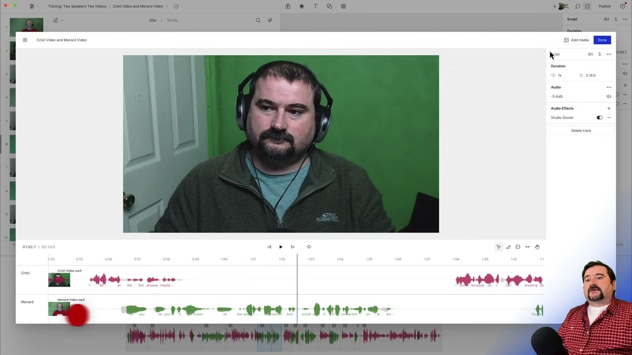 Descript sequence editor showing both audio tracks with Solo button in the sidebar