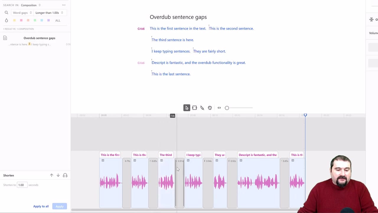 Descript Shorten word gaps dialog showing 'Find gaps longer than 1 second' and 'Shorten to 1 second' with the Apply to all button