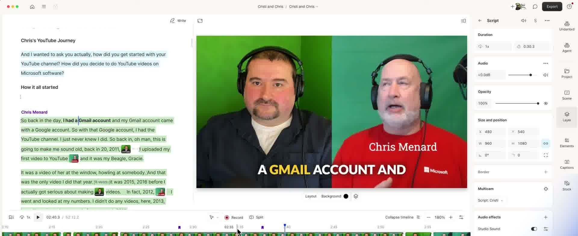 Descript video preview showing both speaker names Cristi and Chris Menard displayed on screen with captions, properties panel showing Script settings with Duration, Audio, Opacity, Size and position, and Multicam controls
