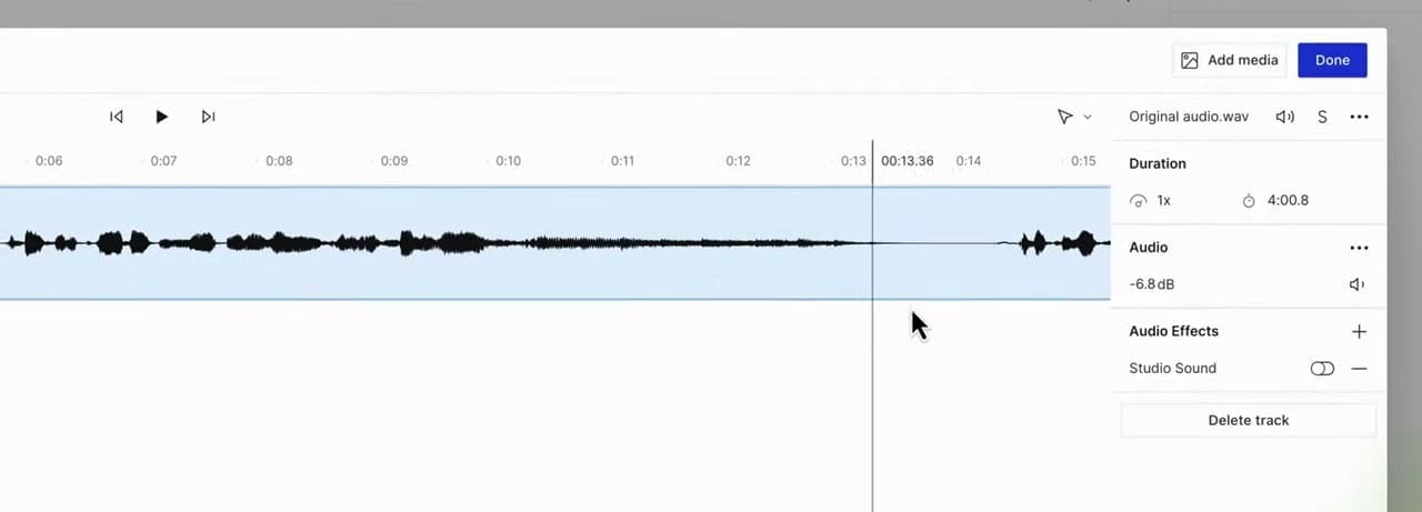 Descript sequence view with Studio Sound toggle enabled in the Audio Effects sidebar