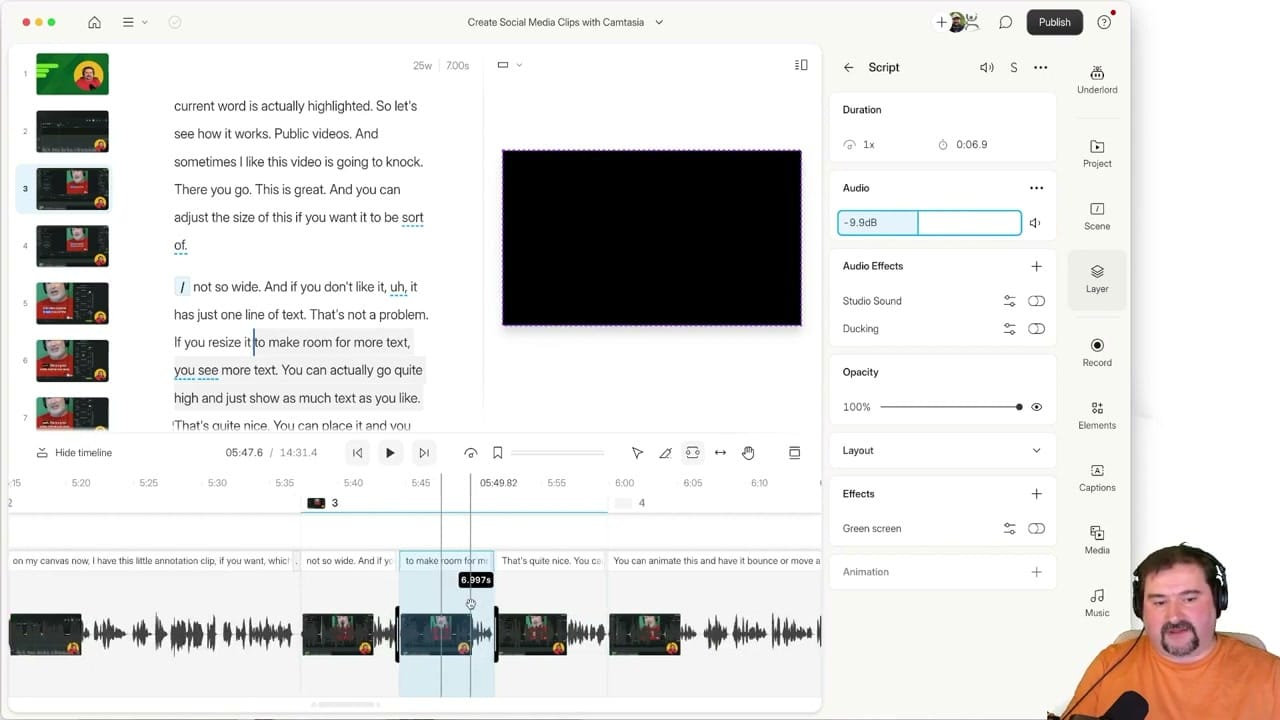 Descript Layer tab showing audio controls, Studio Sound, opacity, layout, effects, and animation settings for the selected layer