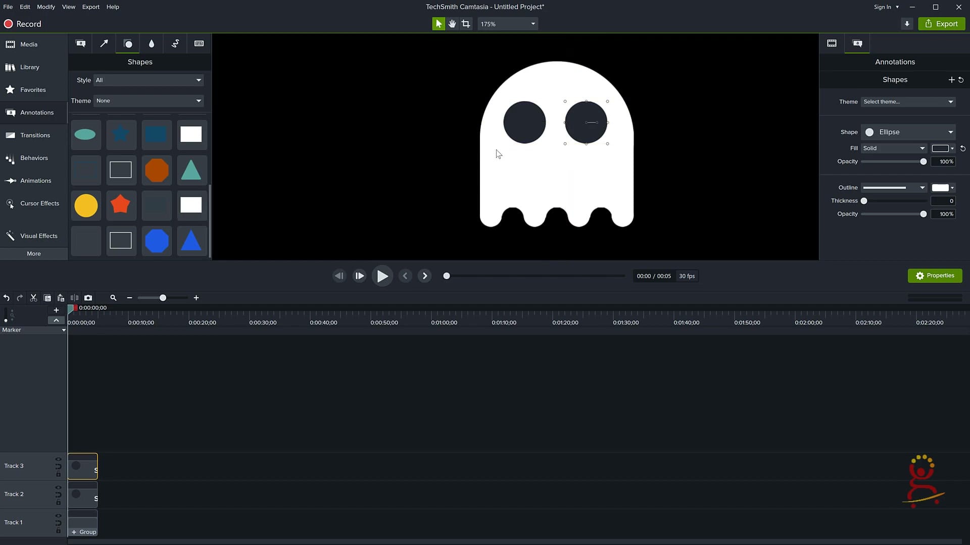 Building the ghost shape using ellipses in Camtasia