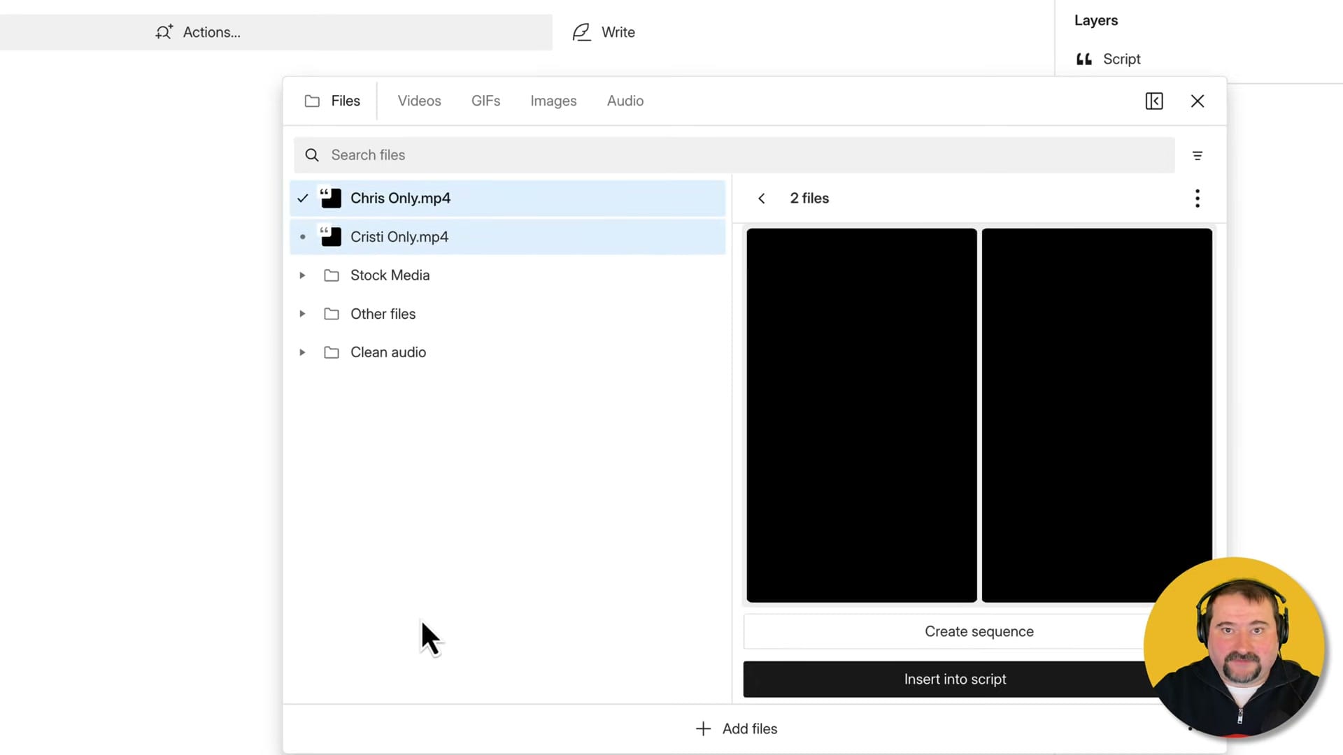 Descript Files panel with two video files selected and the Create sequence button visible below the preview thumbnails