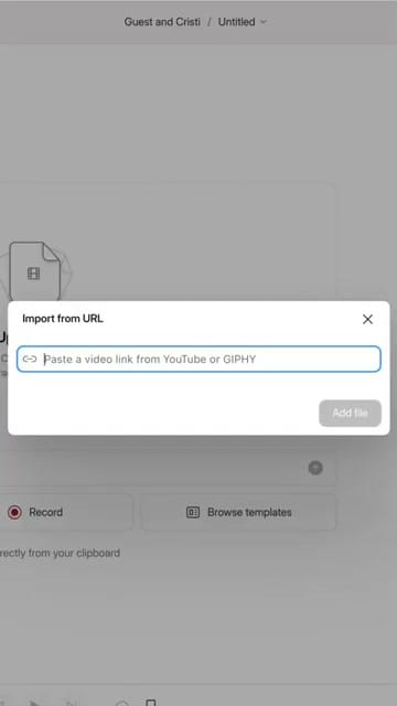 The Import from URL dialog in Descript where you paste a YouTube or GIPHY link