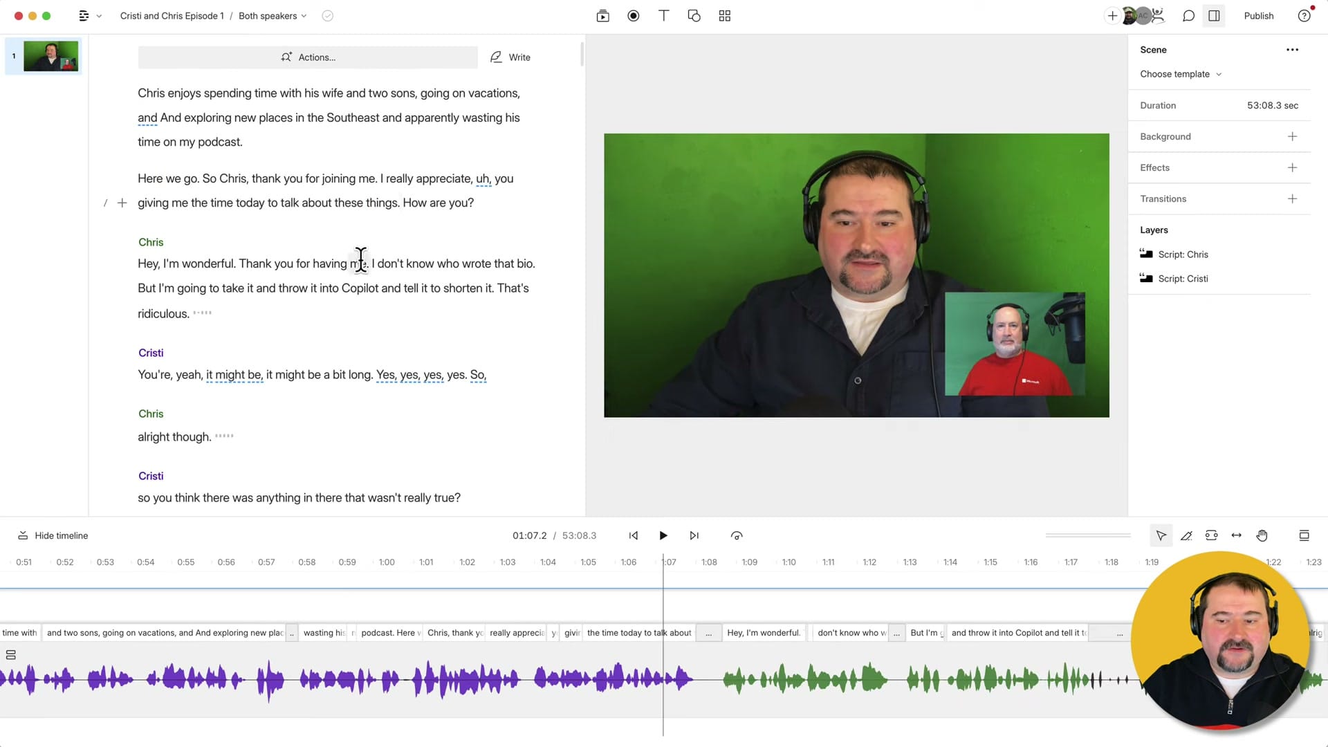 Descript full editor view with multi-speaker transcript on the left side-by-side video preview in the center Layers panel with both speakers and combined audio timeline at the bottom