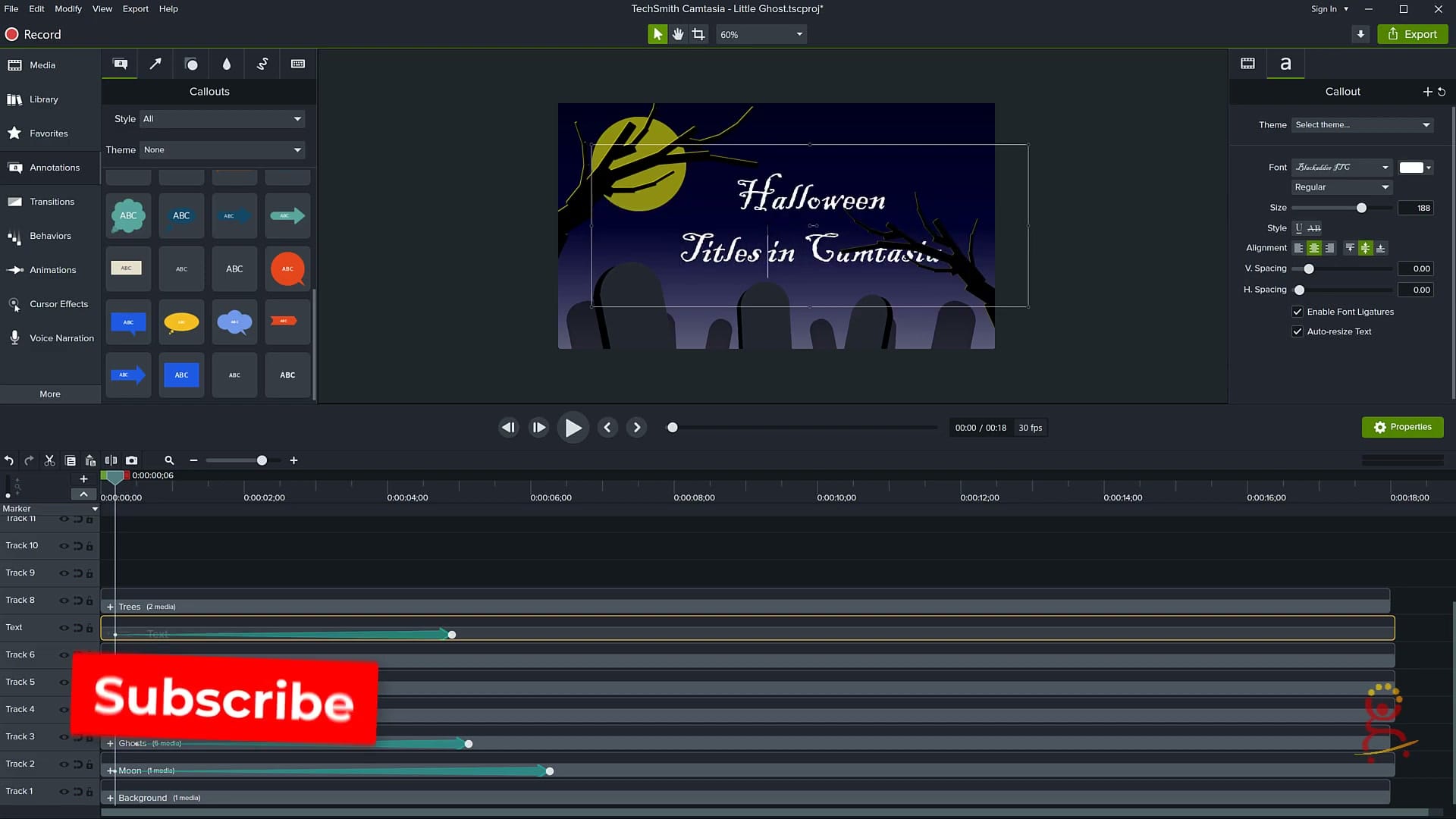 The finished Halloween-themed animated title in Camtasia