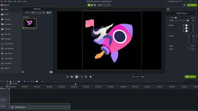 A Lottie animation (animated rocket) imported and displayed in Camtasia