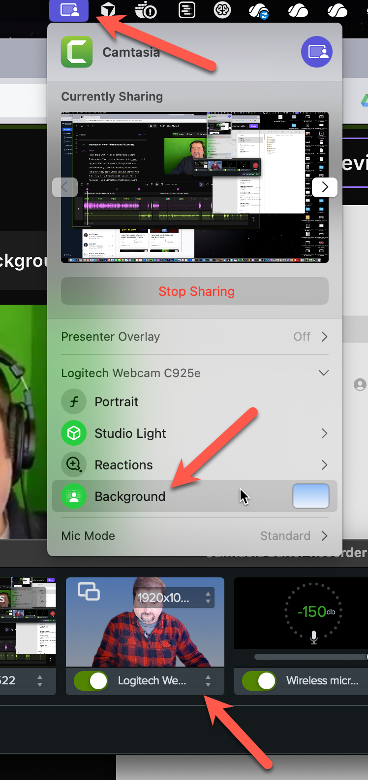 macOS camera settings showing the Background option in the menu bar