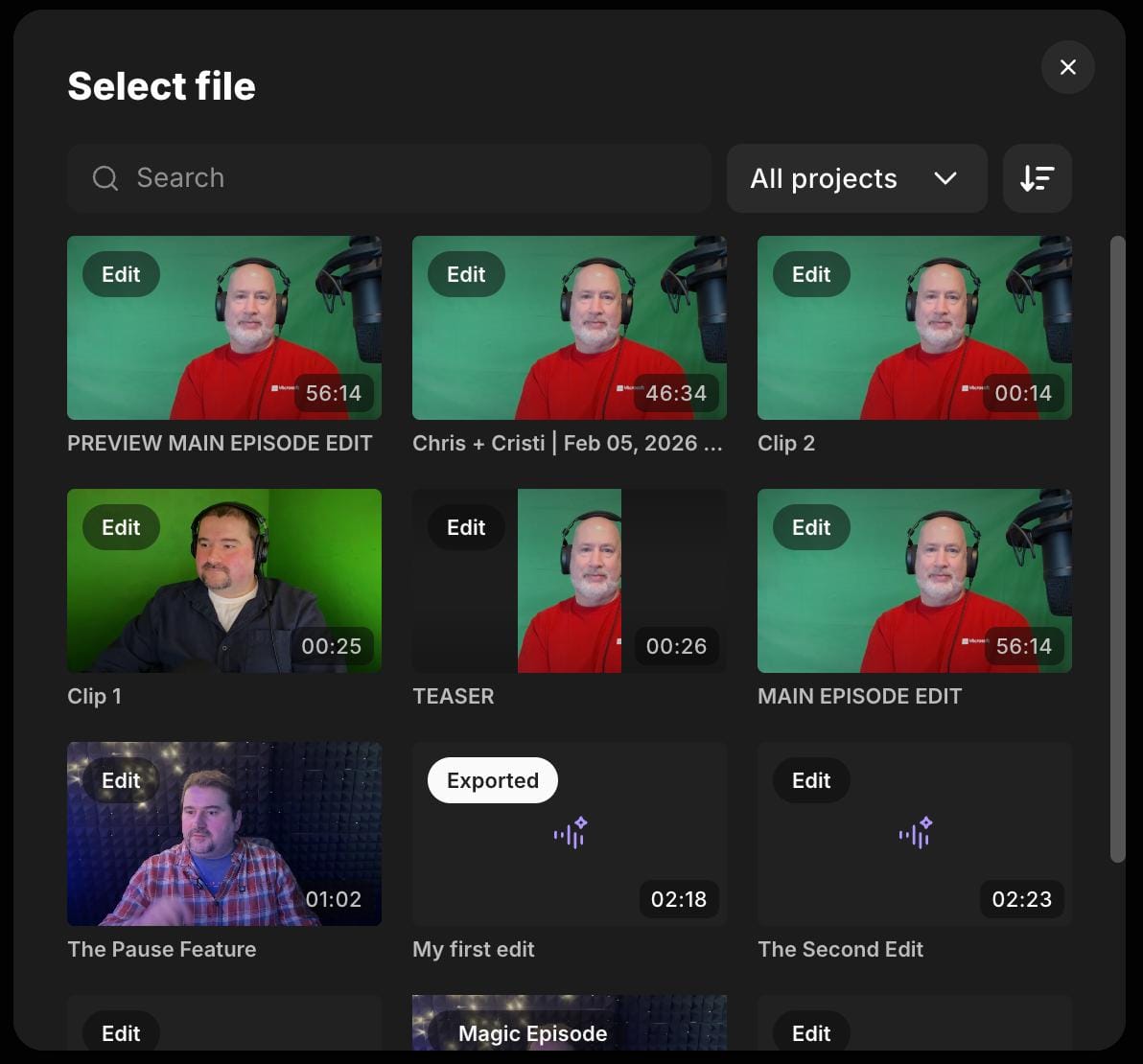 Riverside 'Select file' popup showing project thumbnails with search filter and 'All projects' dropdown