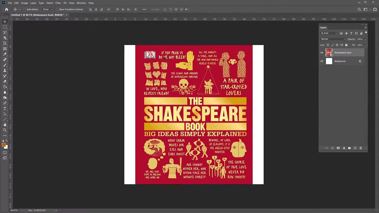 Flat 2D book cover image open in Photoshop before transformation