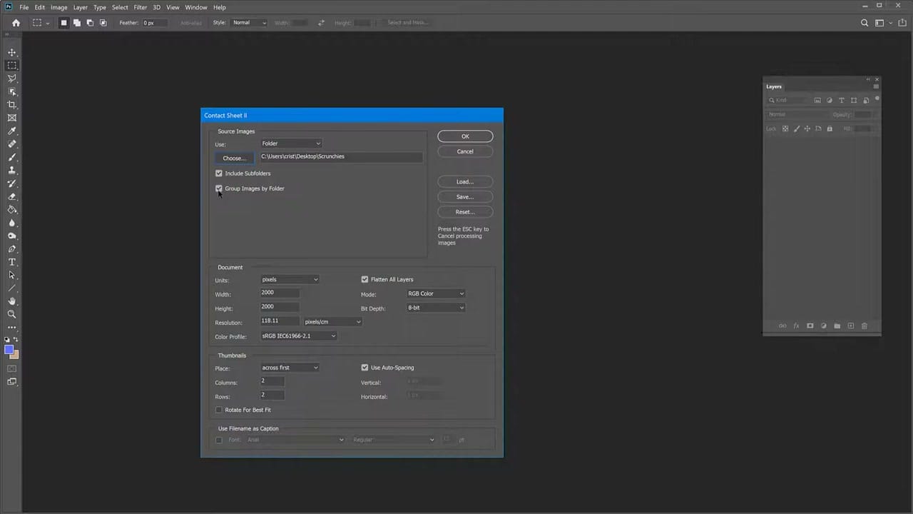 The Contact Sheet II dialog box in Photoshop showing source folder and grid layout settings