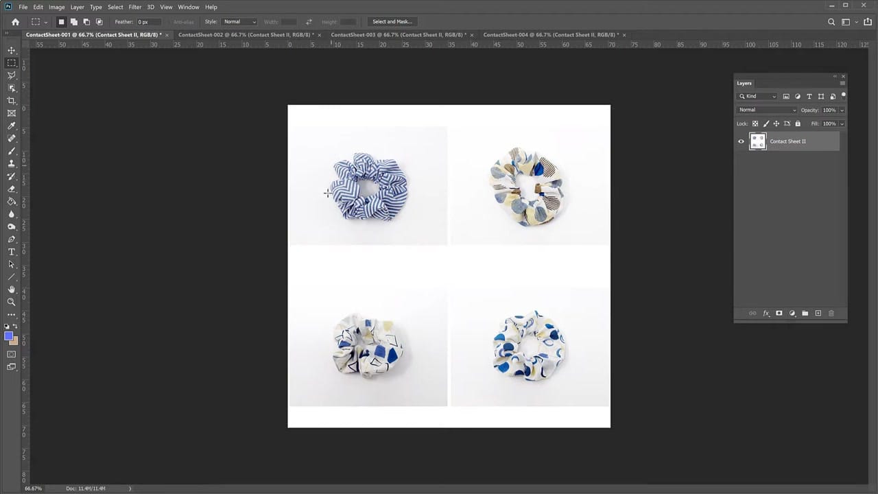 A finished contact sheet showing a 2x2 grid of product photos automatically arranged