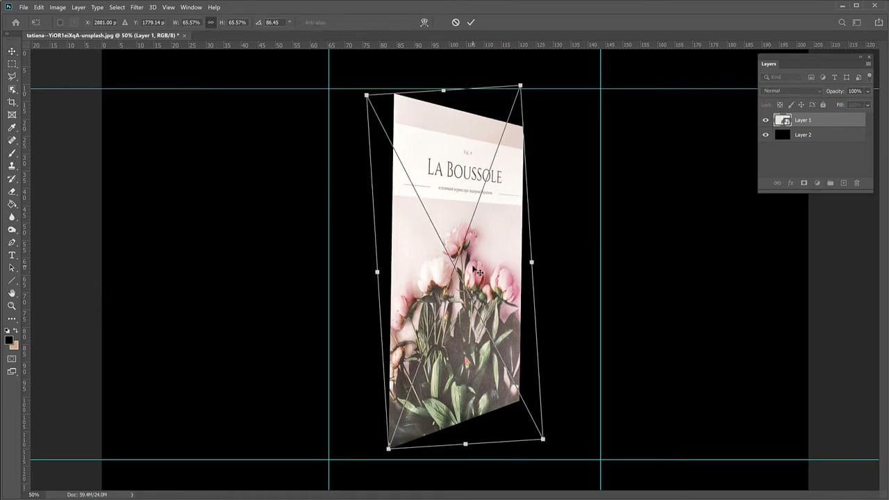 The Distort tool in action with corner handles and mesh lines visible on a magazine cover