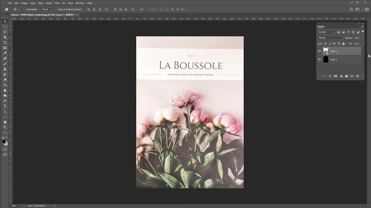 Fully straightened magazine cover displayed as a flat rectangle in Photoshop