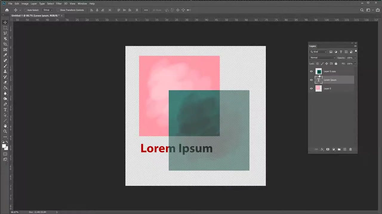 Photoshop Layers panel showing three layers — Layer 0 copy (green image), Lorem Ipsum text layer, and Layer 0 (pink image) — stacked on the canvas