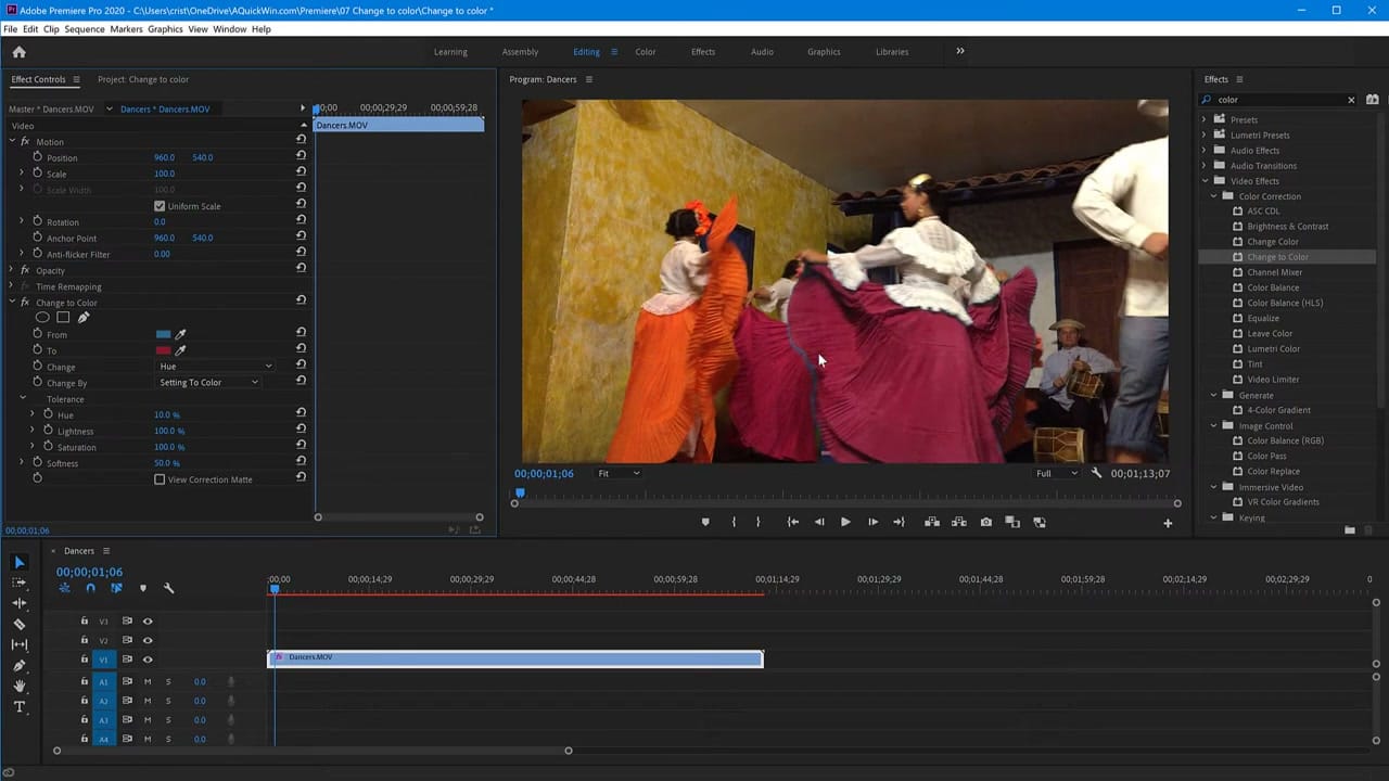 Premiere Pro Effect Controls showing Change to Color settings with From (blue) and To (red) color swatches, and tolerance and softness sliders