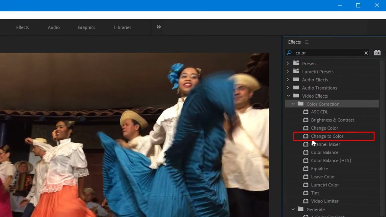 Adobe Premiere Pro Effects panel showing the Change to Color effect highlighted under Video Effects > Color Correction