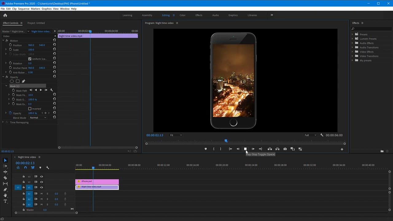 Adobe Premiere Pro interface showing Effect Controls with opacity mask settings and a phone frame with video playing through it on the timeline