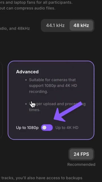 Riverside Advanced video settings showing the resolution toggle set to Up to 1080p