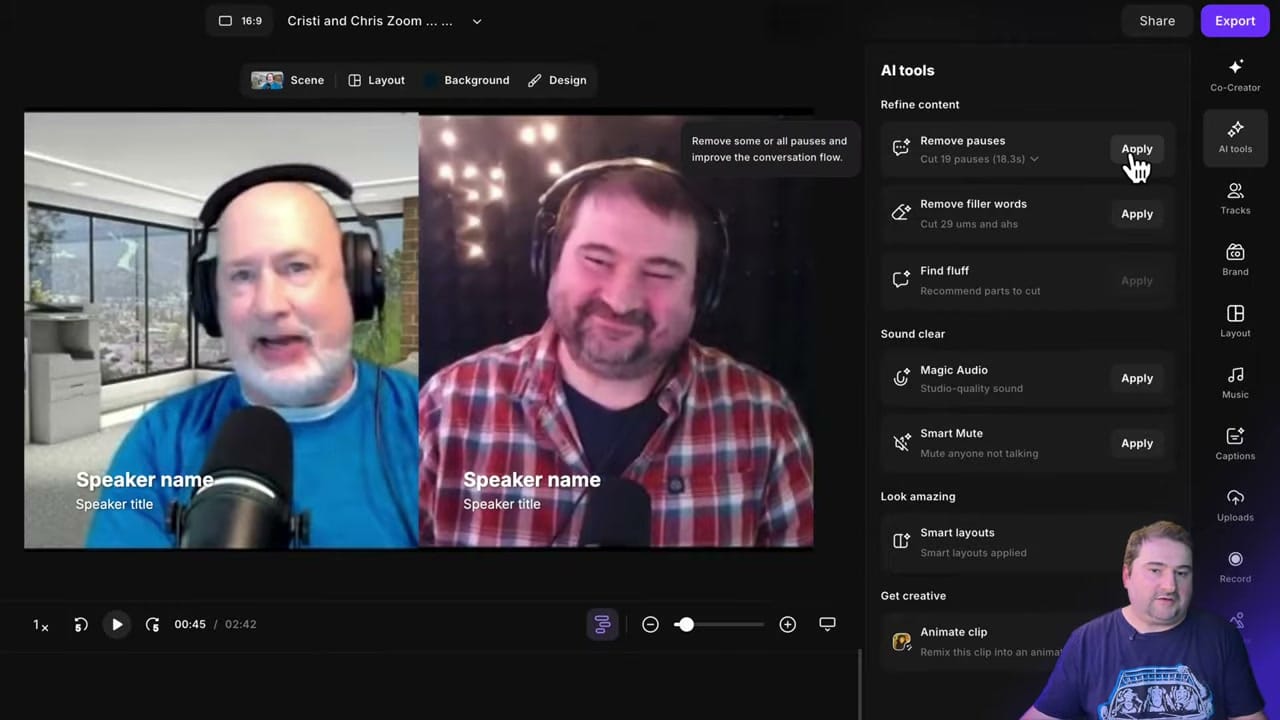 Riverside editor showing the AI tools panel with Remove pauses (Cut 19 pauses, 18.3s), Remove filler words (Cut 29 ums and ahs), Find fluff, Magic Audio, Smart Mute, Smart layouts applied, and Animate clip options. Speaker name and title overlays are visible on both speakers in the video preview