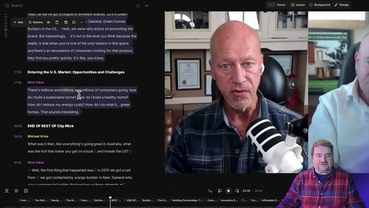 Riverside transcript editor showing 'BEST OF Clip' and 'END OF BEST OF Clip Mick' text markers in the transcript, with chapter tabs visible at the bottom of the timeline and the editing toolbar with Add, Restore, and other options