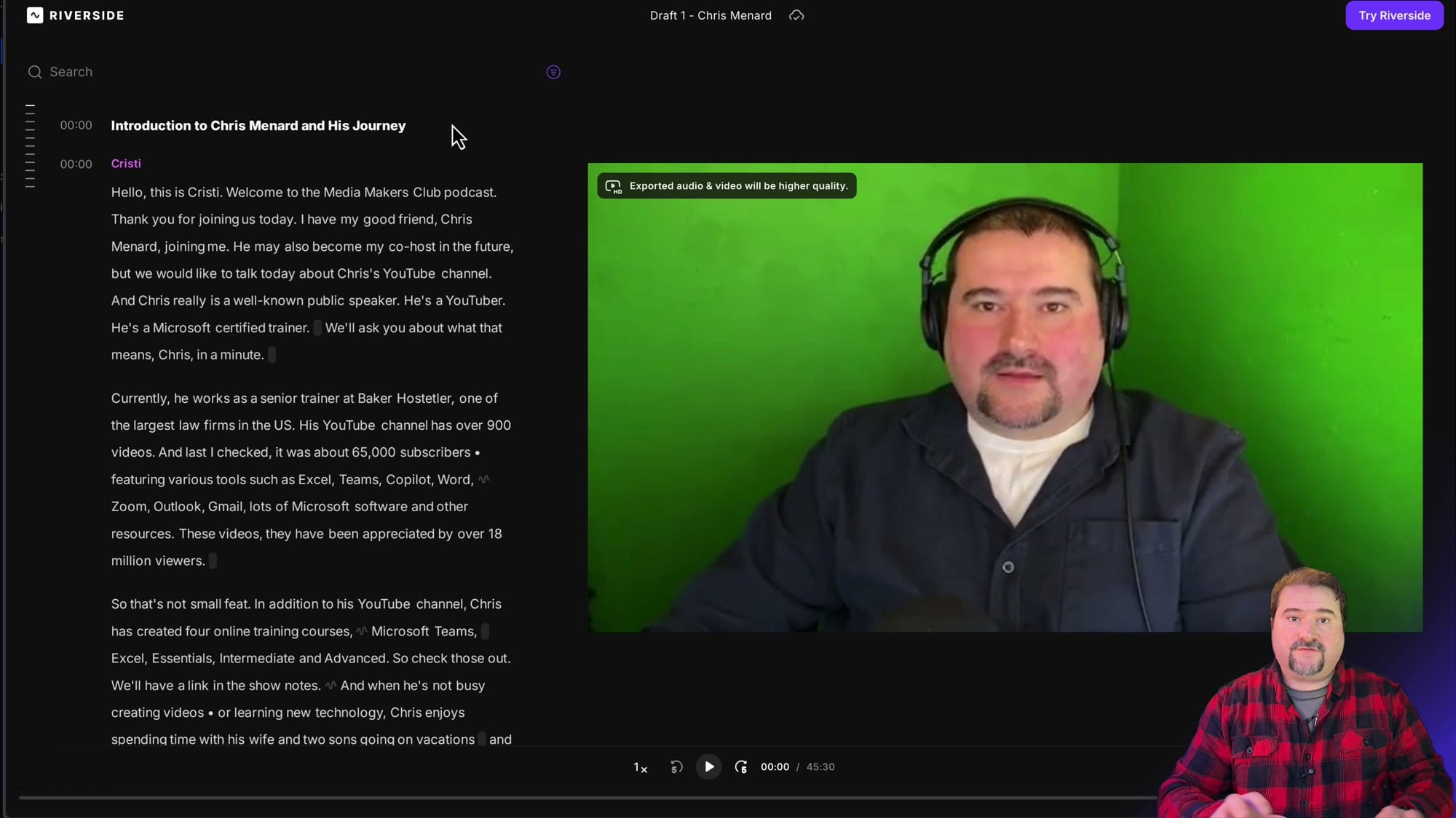 Riverside client review view showing transcript and video without editing tools