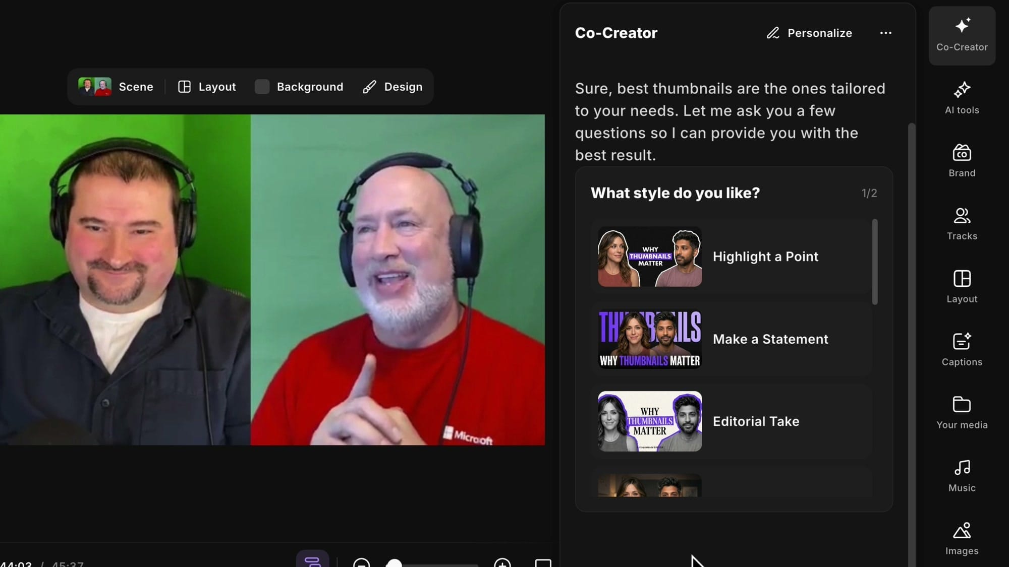 Riverside Co-Creator panel showing thumbnail style options including Highlight a Point, Make a Statement, and Editorial Take with example thumbnails for each