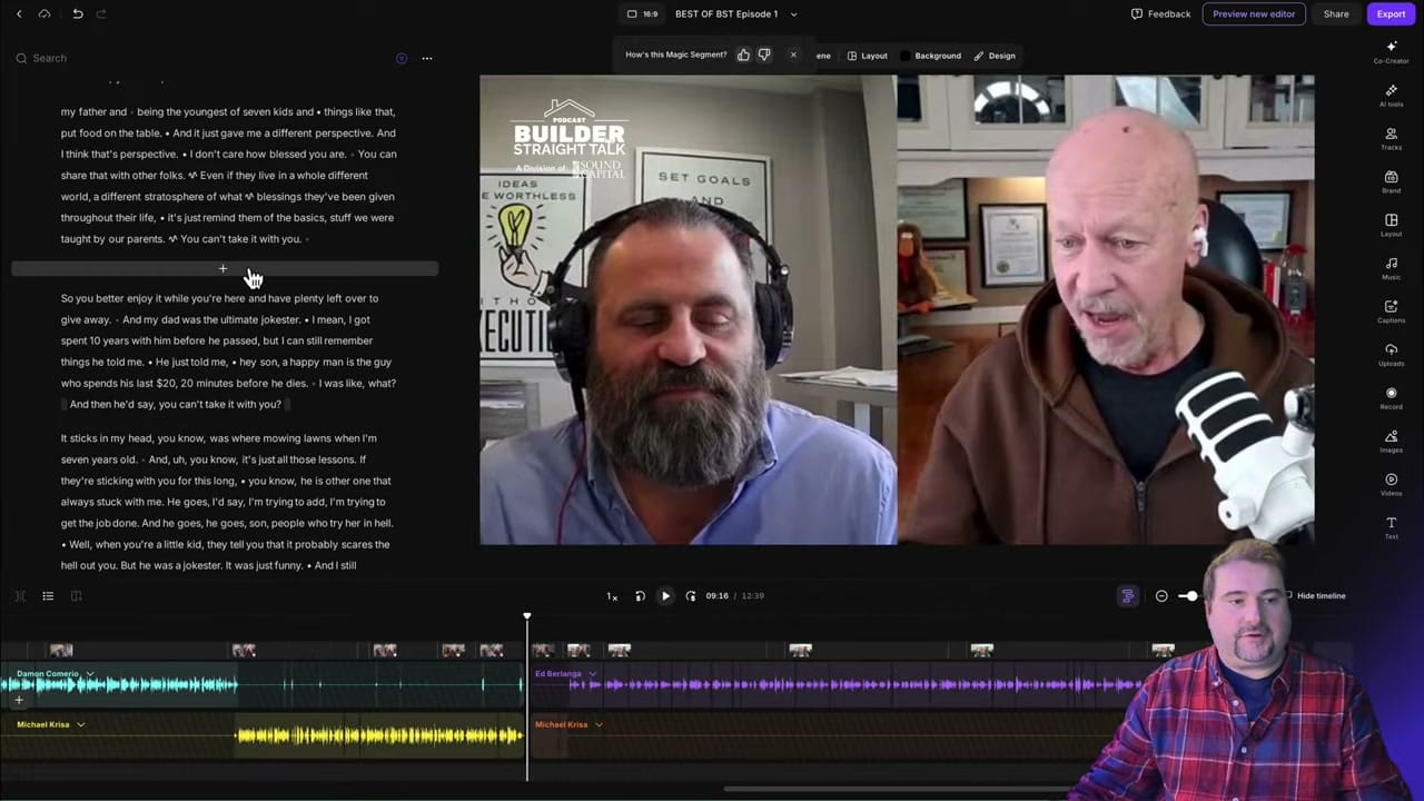 Riverside editor showing 'BEST OF BST Episode 1' with a multi-guest compilation timeline at the bottom showing segments from Damon Comerio, Ed Berlanga, and Michael Krisa, with transcript on the left and video preview with captions on the right