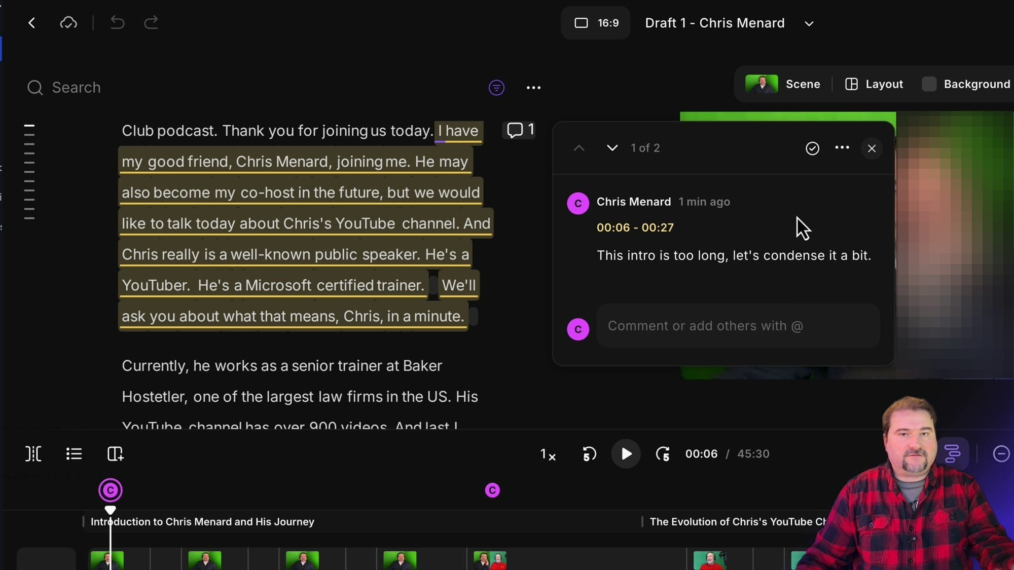 Riverside editor showing comment thread with highlighted text selection and Mark as resolved button