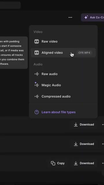 Riverside download menu showing Video options (Raw video, Aligned video CFR MP4) and Audio options (Raw audio, Magic Audio, Compressed audio)