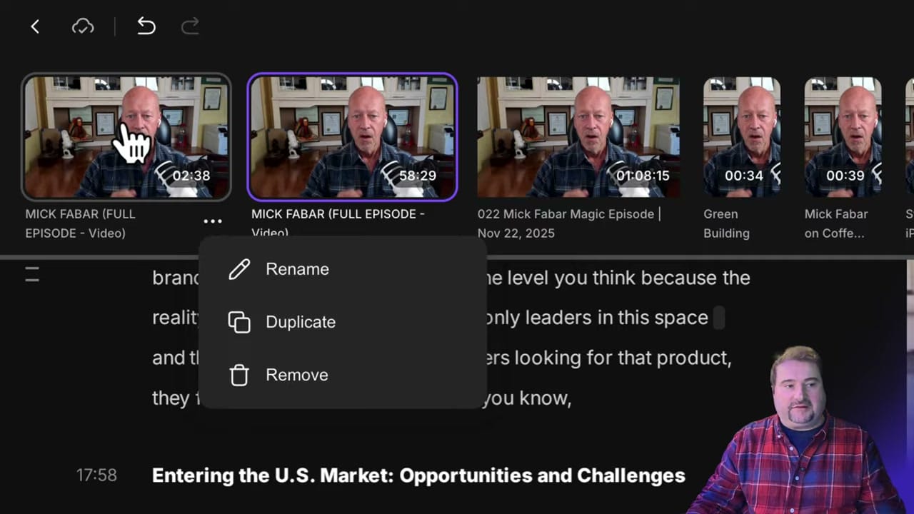Riverside project view showing multiple edits of the same episode with a right-click context menu displaying Rename, Duplicate, and Remove options. The edits include the full episode, magic episode, and shorter clips
