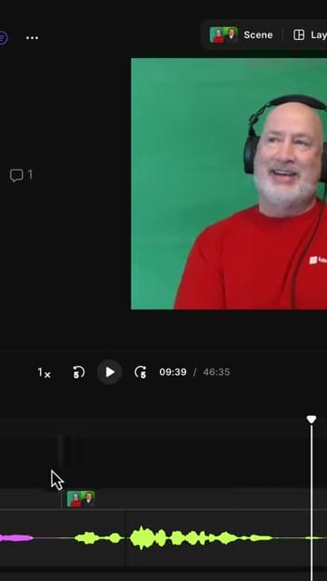 Riverside editor showing timeline with scene break marker between two speaker waveforms
