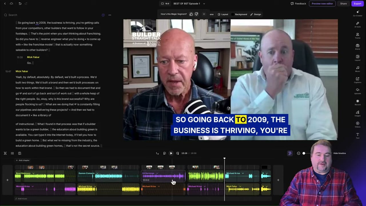 Riverside editor showing the final best-of compilation with multiple guest segments visible in the timeline including Brad Robinson, Damon Comerio, Ed Berlanga, and Mick Fabar, with Builder Straight Talk podcast branding and captions overlay