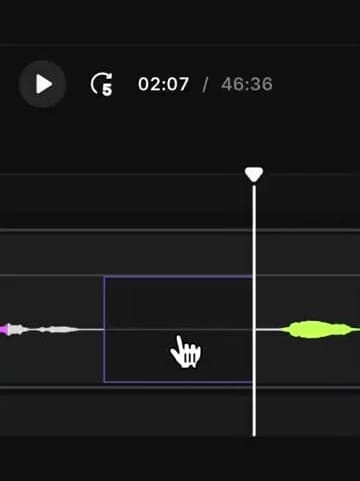 Riverside timeline showing the gap between two waveform segments with a selection box