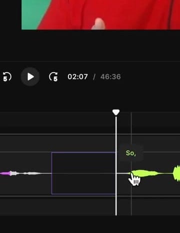 Riverside timeline showing the cursor near the word boundary where the next word begins
