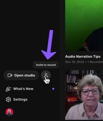 Riverside sidebar showing the Schedule section with project listings, and at the bottom the Open studio button next to a people icon labeled 'Invite to record' with an arrow pointing to it