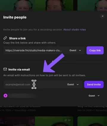 Riverside Invite people panel with arrow pointing to the email input field under 'Invite via email' section, showing Guest role dropdown and Send invite button