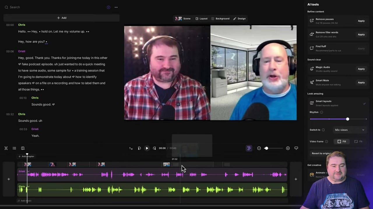 Riverside editor showing the full interface with transcript on the left identifying Chris and Cristi as speakers, the side-by-side video preview in the center, the AI tools panel on the right with Remove pauses, Remove filler words, Find fluff, Magic Audio, Smart Mute, Smart layouts, and Animate clip options, and the multi-track timeline at the bottom