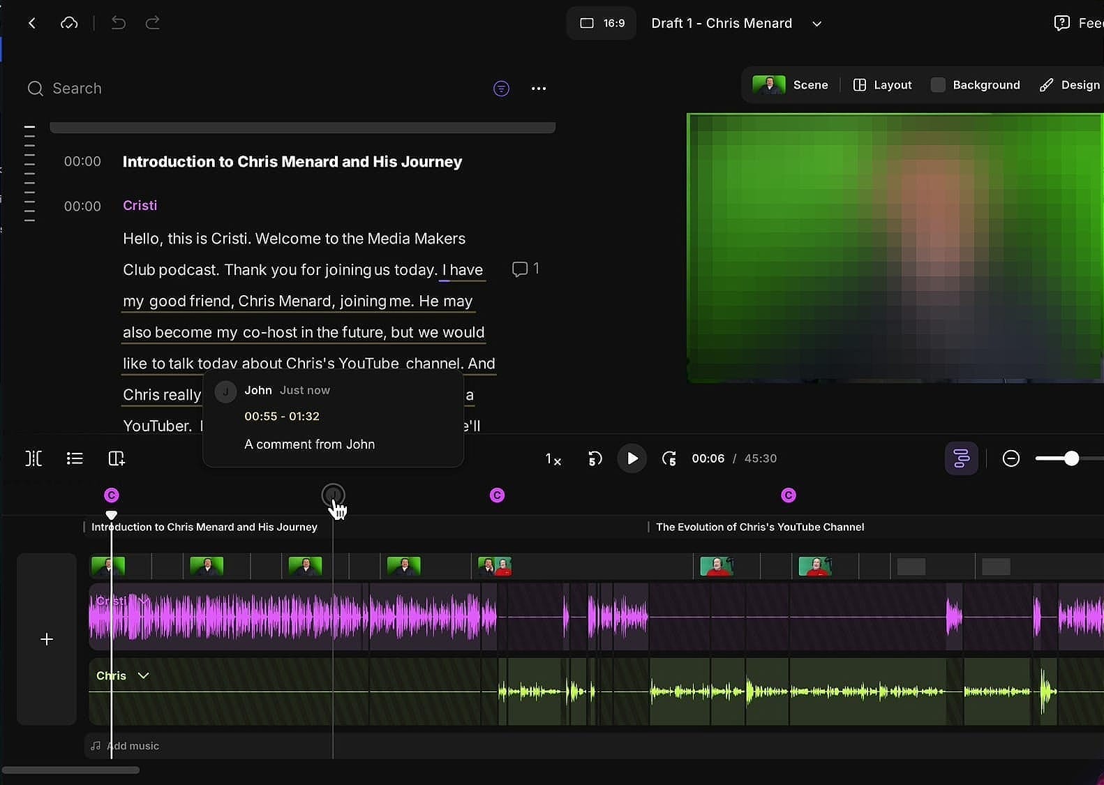 Riverside editor timeline showing multiple colored comment markers from different reviewers