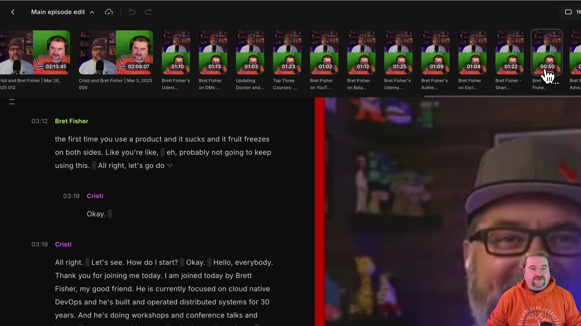 Row of edit thumbnails at the top of the editor for quick navigation