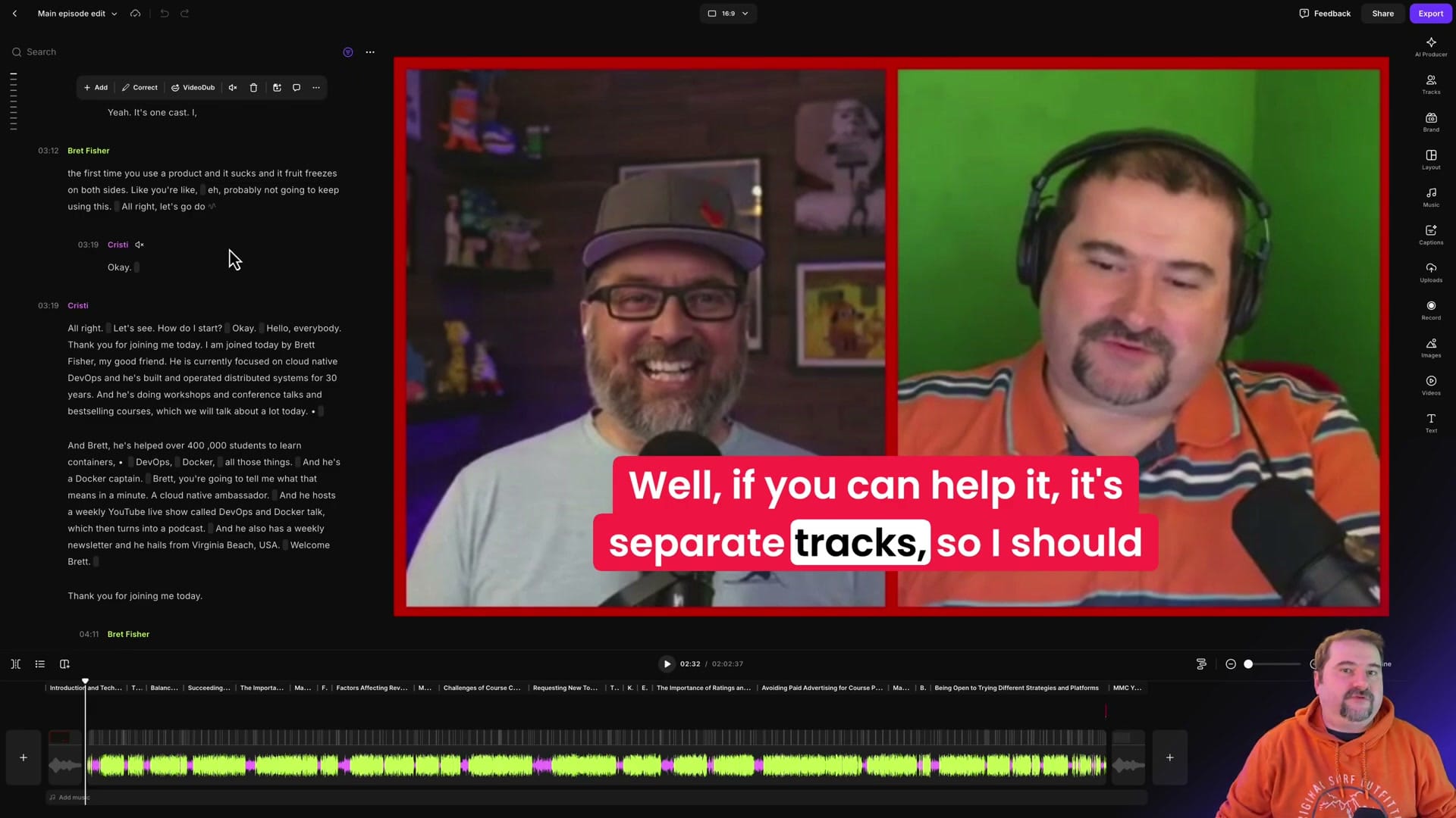 Riverside editor showing transcript, video preview with captions, and timeline